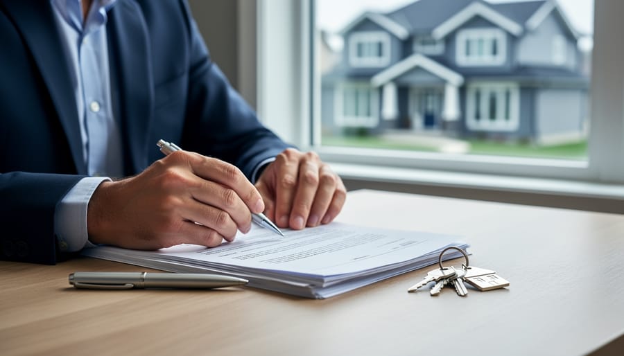 Real estate lawyer’s hands reviewing property title and disclosure documents on a wooden desk with house keys and pen, laptop to the side, and a Canadian suburban home blurred outside a window under soft natural light; no visible text.